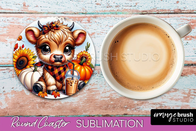 Highland Cow Round Coaster - Fall Coaster Sublimation Sublimation OrangeBrushStudio 