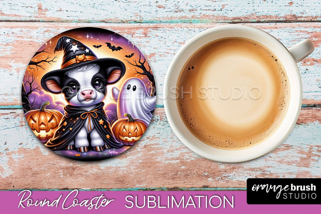 Highland Cow Round Coaster, Halloween Coaster Sublimation Sublimation OrangeBrushStudio 