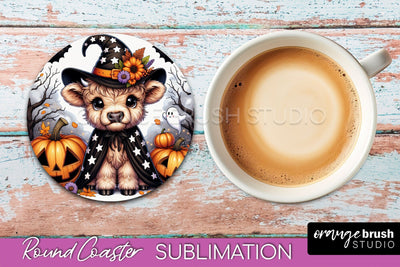 Highland Cow Round Coaster, Halloween Coaster Sublimation Sublimation OrangeBrushStudio 