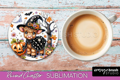 Highland Cow Round Coaster, Halloween Coaster Sublimation Sublimation OrangeBrushStudio 
