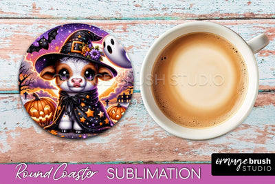 Highland Cow Round Coaster, Halloween Coaster Sublimation Sublimation OrangeBrushStudio 