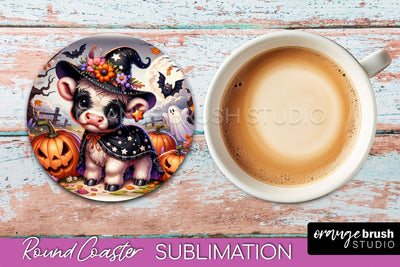 Highland Cow Round Coaster, Halloween Coaster Sublimation Sublimation OrangeBrushStudio 