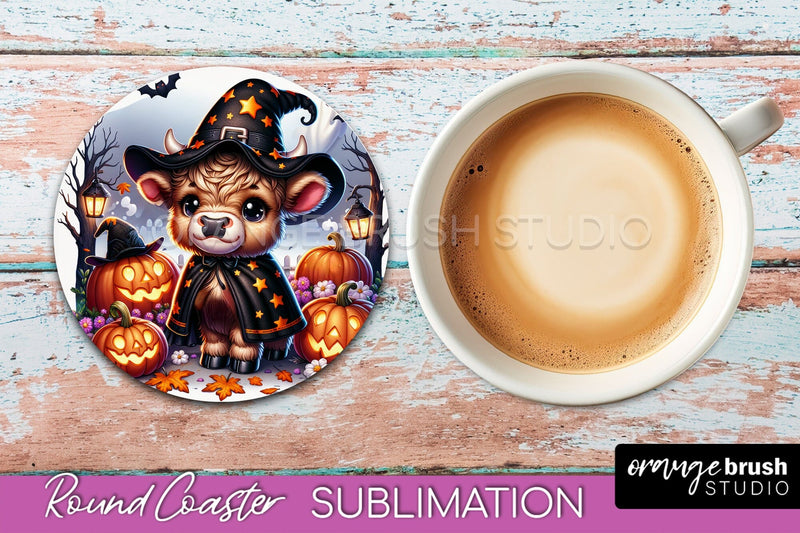Highland Cow Round Coaster, Halloween Coaster Sublimation Sublimation OrangeBrushStudio 