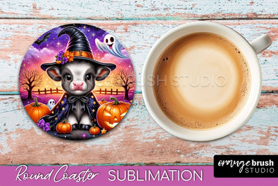 Highland Cow Round Coaster, Halloween Coaster Sublimation Sublimation OrangeBrushStudio 
