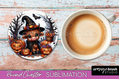 Highland Cow Round Coaster, Halloween Coaster Sublimation Sublimation OrangeBrushStudio 