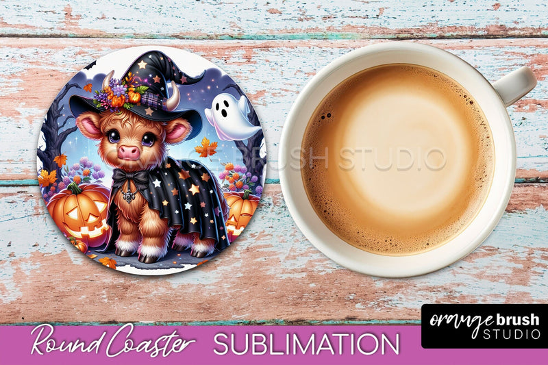 Highland Cow Round Coaster, Halloween Coaster Sublimation Sublimation OrangeBrushStudio 