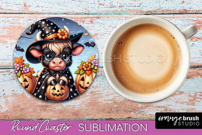 Highland Cow Round Coaster, Halloween Coaster Sublimation Sublimation OrangeBrushStudio 