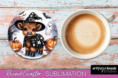 Highland Cow Round Coaster, Halloween Coaster Sublimation Sublimation OrangeBrushStudio 