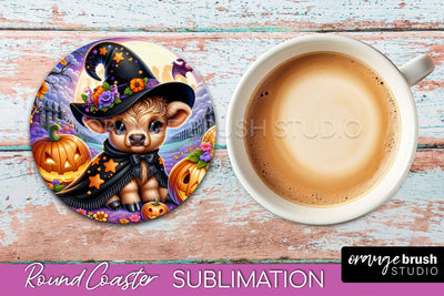 Highland Cow Round Coaster, Halloween Coaster Sublimation Sublimation OrangeBrushStudio 