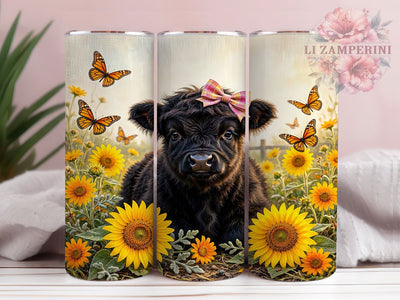 Highland Cow Rustic Farm 20oz Tumbler, Black White Design, Baby Cow, Floral Accent, Rustic Farm, 20oz Tumbler Wrap, Sublimation PNG Sublimation Li Zamperini 