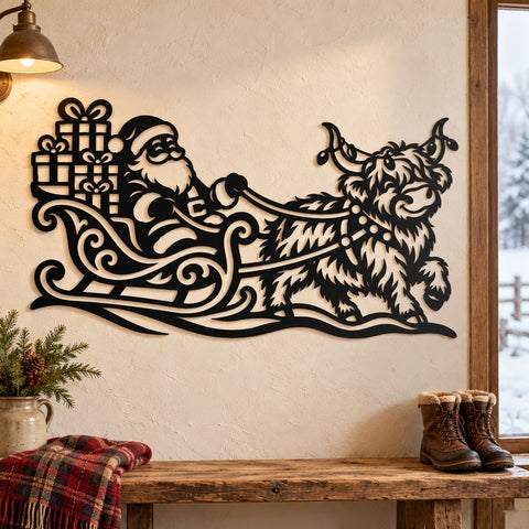 Highland Cow Santa Sleigh Laser SVG | Christmas Cow DXF | Santa Gift Sleigh Metal Wall Art | Holiday Plasma CNC Cutting File SVG HappyDesignStudio 
