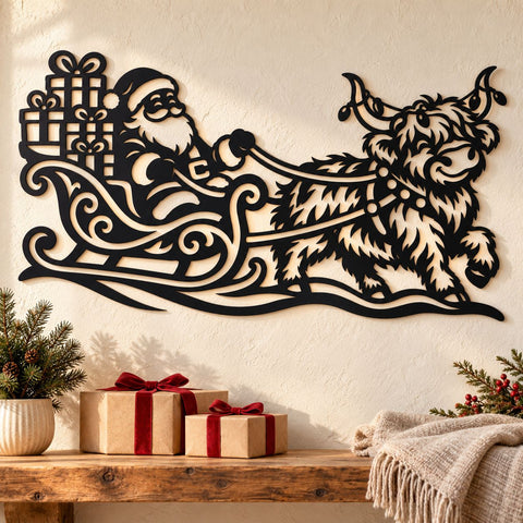 Highland Cow Santa Sleigh Laser SVG | Christmas Cow DXF | Santa Gift Sleigh Metal Wall Art | Holiday Plasma CNC Cutting File SVG HappyDesignStudio 