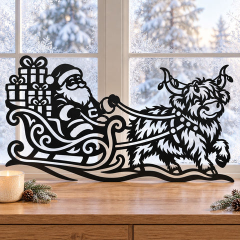 Highland Cow Santa Sleigh Laser SVG | Christmas Cow DXF | Santa Gift Sleigh Metal Wall Art | Holiday Plasma CNC Cutting File SVG HappyDesignStudio 