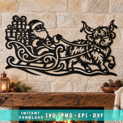 Highland Cow Santa Sleigh Laser SVG | Christmas Cow DXF | Santa Gift Sleigh Metal Wall Art | Holiday Plasma CNC Cutting File SVG HappyDesignStudio 