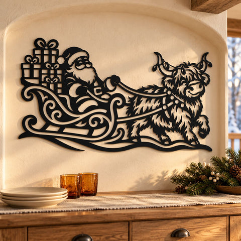 Highland Cow Santa Sleigh Laser SVG | Christmas Cow DXF | Santa Gift Sleigh Metal Wall Art | Holiday Plasma CNC Cutting File SVG HappyDesignStudio 