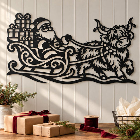 Highland Cow Santa Sleigh Laser SVG | Christmas Cow DXF | Santa Gift Sleigh Metal Wall Art | Holiday Plasma CNC Cutting File SVG HappyDesignStudio 
