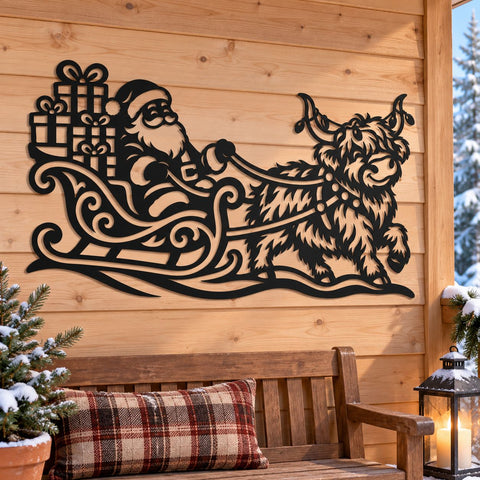 Highland Cow Santa Sleigh Laser SVG | Christmas Cow DXF | Santa Gift Sleigh Metal Wall Art | Holiday Plasma CNC Cutting File SVG HappyDesignStudio 