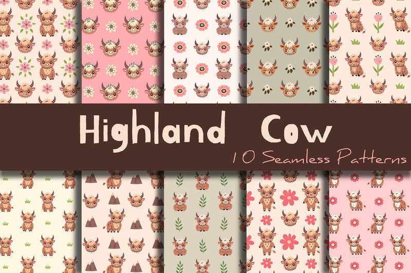 Highland Cow Seamless Patterns Digital Pattern Rin Green 