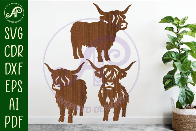Highland cow silhouette laser cut outs SVG APInspireddesigns 