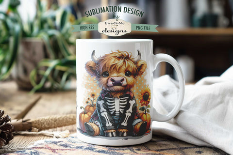 Highland Cow Skeleton | Cute Spooky Halloween 11 & 15 oz Mug Sublimation Ewe-N-Me Designs 