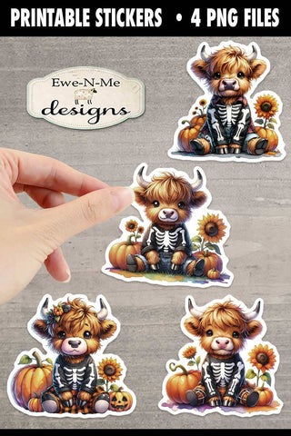 Highland Cow Skeleton Printable Stickers | 4 PNG Stickers Sublimation Ewe-N-Me Designs 