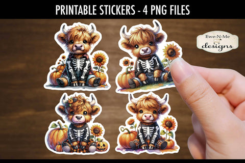 Highland Cow Skeleton Printable Stickers | 4 PNG Stickers Sublimation Ewe-N-Me Designs 