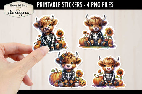 Highland Cow Skeleton Printable Stickers | 4 PNG Stickers Sublimation Ewe-N-Me Designs 