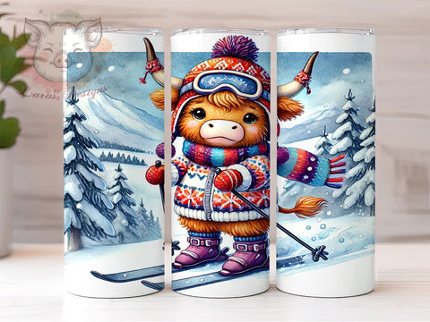Highland Cow Skiing Winter 20oz Tumbler, Skiing Tumbler, Highland Cow with Skis, 20oz Tumbler, Winter Sports Tumbler, Cow Lover Gift, Ski Gift Sublimation Lara' s Designs 