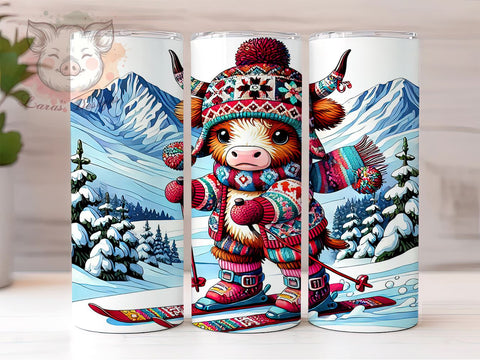 Highland Cow Skiing Winter 20oz Tumbler, Skiing Tumbler, Highland Cow with Skis, 20oz Tumbler, Winter Sports Tumbler, Cow Lover Gift, Ski Gift Sublimation Lara' s Designs 