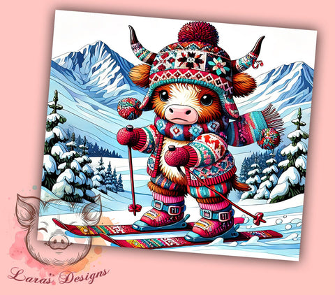 Highland Cow Skiing Winter 20oz Tumbler, Skiing Tumbler, Highland Cow with Skis, 20oz Tumbler, Winter Sports Tumbler, Cow Lover Gift, Ski Gift Sublimation Lara' s Designs 