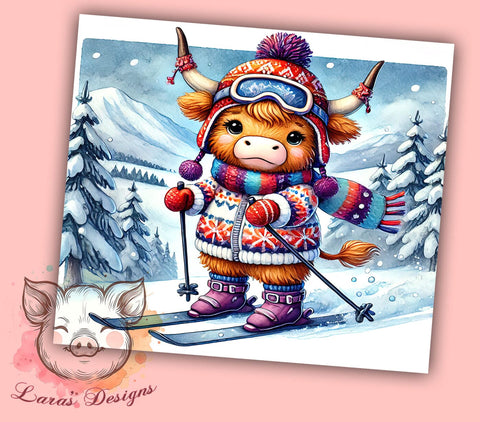 Highland Cow Skiing Winter 20oz Tumbler, Skiing Tumbler, Highland Cow with Skis, 20oz Tumbler, Winter Sports Tumbler, Cow Lover Gift, Ski Gift Sublimation Lara' s Designs 