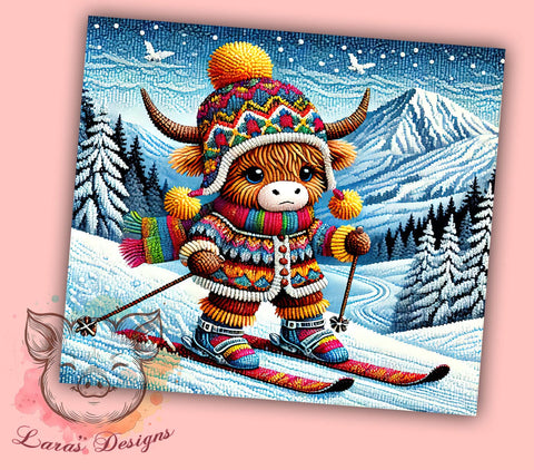 Highland Cow Skiing Winter 20oz Tumbler, Skiing Tumbler, Highland Cow with Skis, 20oz Tumbler, Winter Sports Tumbler, Cow Lover Gift, Ski Gift Sublimation Lara' s Designs 