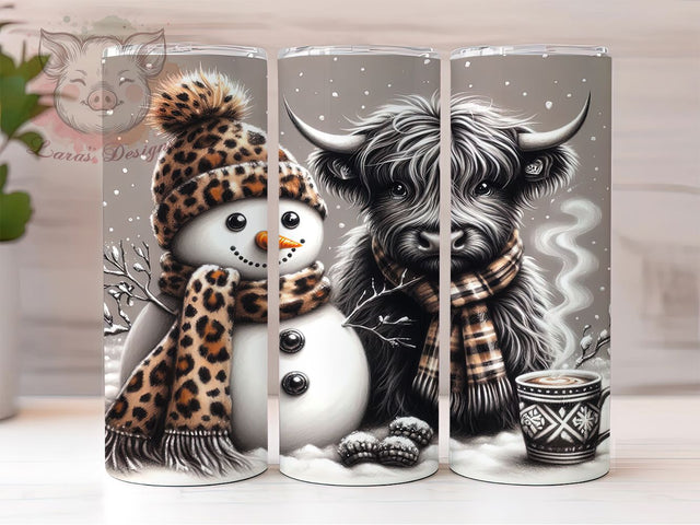 Highland Cow Snowman Christmas Tumbler, Charcoal Drawing Sublimation Design, Festive Cow Art, 20oz Holiday Tumbler, Whimsical Snowman Mug, Stylish Christmas Cup, Cozy Cow Wrap Sublimation Lara' s Designs 