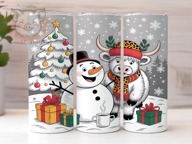 Highland Cow Snowman Christmas Tumbler, Charcoal Drawing Sublimation Design, Festive Cow Art, 20oz Holiday Tumbler, Whimsical Snowman Mug, Stylish Christmas Cup, Cozy Cow Wrap Sublimation Lara' s Designs 
