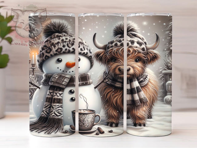 Highland Cow Snowman Christmas Tumbler, Charcoal Drawing Sublimation Design, Festive Cow Art, 20oz Holiday Tumbler, Whimsical Snowman Mug, Stylish Christmas Cup, Cozy Cow Wrap Sublimation Lara' s Designs 