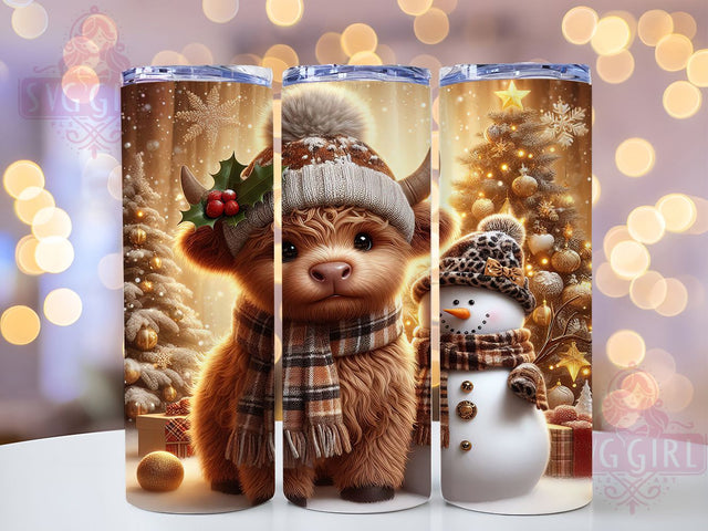 Highland Cow Snowman Christmas Tumbler, Snowman Holiday Wrap, Farmhouse Winter Design, Sublimation Cup, 20oz Skinny Tumbler, Rustic Christmas Drinkware, Cute Cow Style Sublimation SvggirlplusArt 