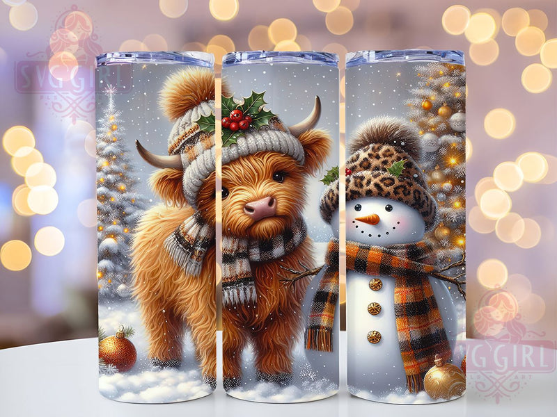 Highland Cow Snowman Christmas Tumbler, Snowman Holiday Wrap, Farmhouse Winter Design, Sublimation Cup, 20oz Skinny Tumbler, Rustic Christmas Drinkware, Cute Cow Style Sublimation SvggirlplusArt 