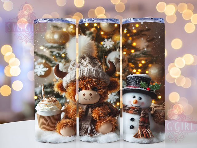 Highland Cow Snowman Christmas Tumbler, Snowman Holiday Wrap, Farmhouse Winter Design, Sublimation Cup, 20oz Skinny Tumbler, Rustic Christmas Drinkware, Cute Cow Style Sublimation SvggirlplusArt 