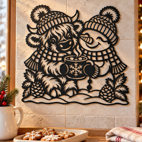 Highland Cow Snowman Laser SVG | Christmas Cow DXF | Winter Hot Cocoa Metal Wall Art | Holiday Plasma Cutting File SVG HappyDesignStudio 