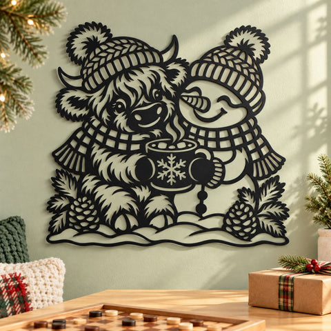Highland Cow Snowman Laser SVG | Christmas Cow DXF | Winter Hot Cocoa Metal Wall Art | Holiday Plasma Cutting File SVG HappyDesignStudio 