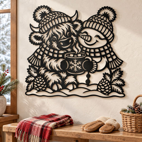 Highland Cow Snowman Laser SVG | Christmas Cow DXF | Winter Hot Cocoa Metal Wall Art | Holiday Plasma Cutting File SVG HappyDesignStudio 