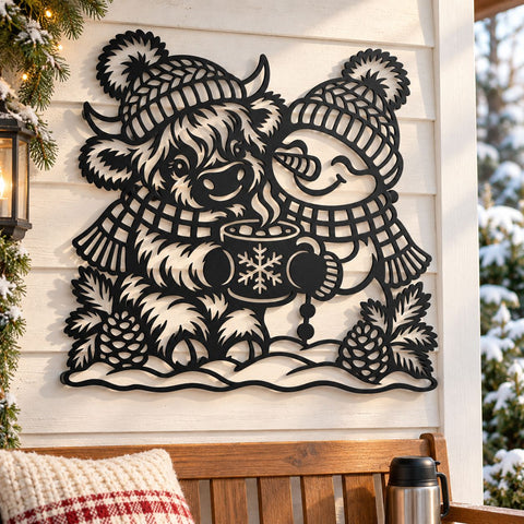 Highland Cow Snowman Laser SVG | Christmas Cow DXF | Winter Hot Cocoa Metal Wall Art | Holiday Plasma Cutting File SVG HappyDesignStudio 