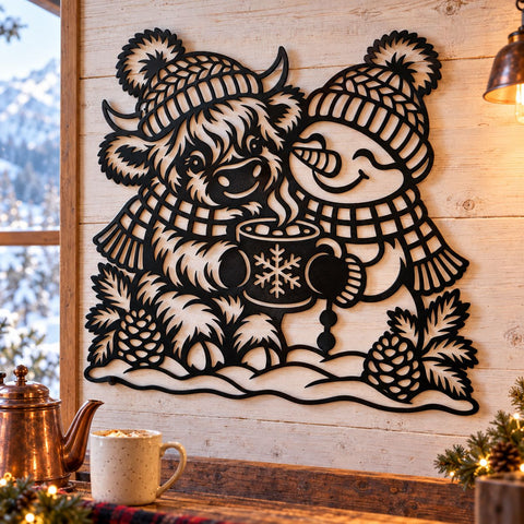 Highland Cow Snowman Laser SVG | Christmas Cow DXF | Winter Hot Cocoa Metal Wall Art | Holiday Plasma Cutting File SVG HappyDesignStudio 