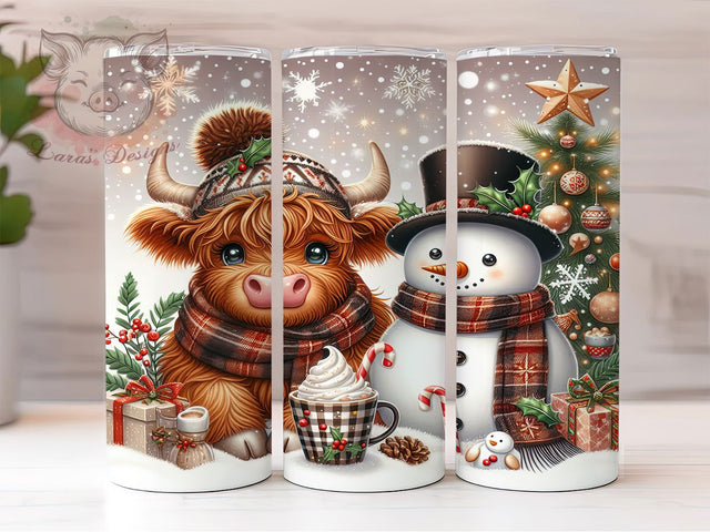 Highland Cow & Snowman Tumbler, Christmas Farm Animal Wrap, 20oz Tumbler Sublimation, Festive Cow & Snowman Design, Winter Holiday Tumbler, Cute Christmas Wrap, Rustic Snowman Sublimation Sublimation Lara' s Designs 