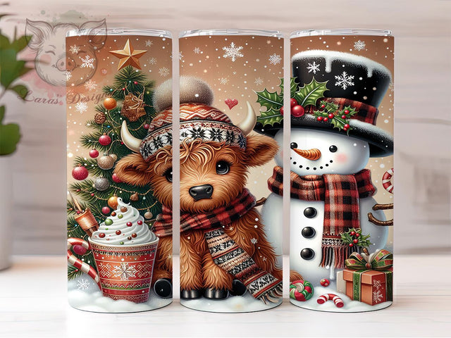 Highland Cow & Snowman Tumbler, Christmas Farm Animal Wrap, 20oz Tumbler Sublimation, Festive Cow & Snowman Design, Winter Holiday Tumbler, Cute Christmas Wrap, Rustic Snowman Sublimation Sublimation Lara' s Designs 