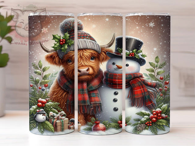 Highland Cow & Snowman Tumbler, Christmas Farm Animal Wrap, 20oz Tumbler Sublimation, Festive Cow & Snowman Design, Winter Holiday Tumbler, Cute Christmas Wrap, Rustic Snowman Sublimation Sublimation Lara' s Designs 