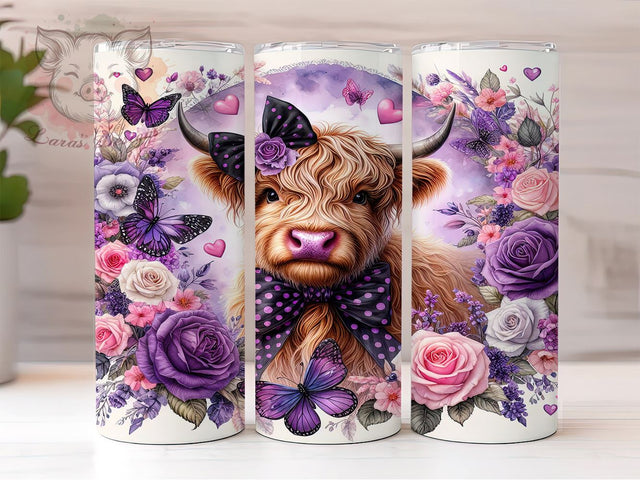Highland Cow Spring Flower 20oz Tumbler Png, Straight & Tapered Tumbler Png, Highland Cow Purple Tumbler Png, Digital Download PNG Sublimation Lara' s Designs 