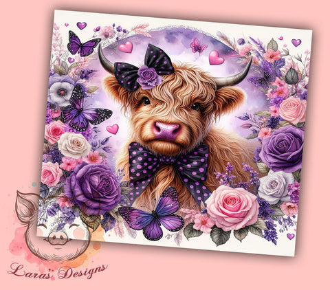 Highland Cow Spring Flower 20oz Tumbler Png, Straight & Tapered Tumbler Png, Highland Cow Purple Tumbler Png, Digital Download PNG Sublimation Lara' s Designs 