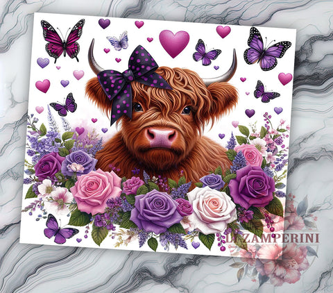Highland Cow Spring Flower 20oz Tumbler Wrap PNG, Highland Cow Purple Tumbler Png, Straight & Tapered Tumbler Wrap, Instant Digital Download Sublimation Li Zamperini 