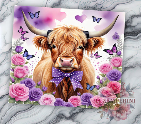 Highland Cow Spring Flower 20oz Tumbler Wrap PNG, Highland Cow Purple Tumbler Png, Straight & Tapered Tumbler Wrap, Instant Digital Download Sublimation Li Zamperini 